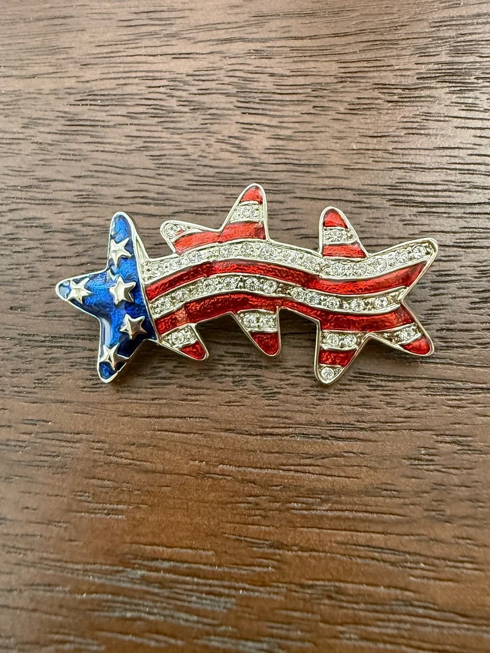 American 3 star enameled red blue rhinestone brooch pin